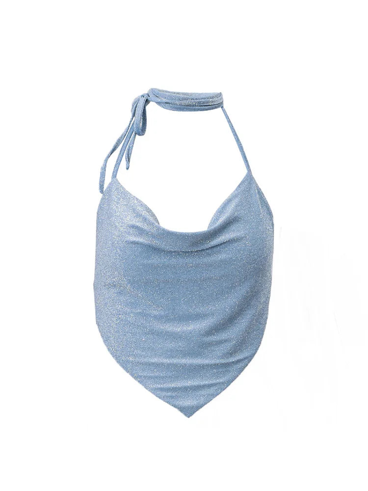 Halter Top Glitter Tanks 2025 Summer Outfits Blue Bright Silk Camis Ruched Top Crop Backless Vests Sexy Tops Cropped Clothes