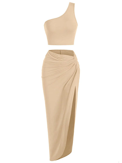 Spring and Autumn New Popular Women's Y2K Knit Off-Shoulder High Stretch Vest Top and Sexy Slit Half Skirt Set