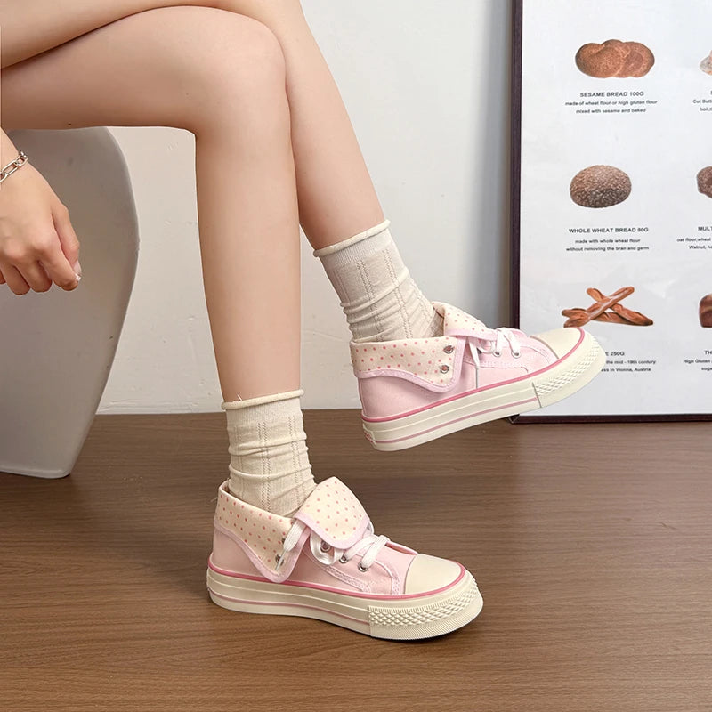New High Help Canvas Shoes Dots Women's Casual Shoes Woman Vulcanize Sneakers Comfortable Sport Walking Platform Flats Shoes 015