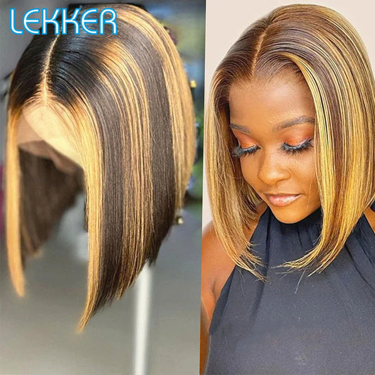 100% Human Hair Wigs Highlight Brown Long Pixie Straight Bob Middle Part lace Front For Women Brazilian Remy hair Glueless Wigs