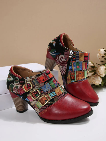 Women's Spring & Fall Short Boots, Bohemian Fashion Splicing Retro Short Boots, Casual Printed Western Leather Boots, Side Zippers, Suitable for Daily Commuting, Vacation, Parties