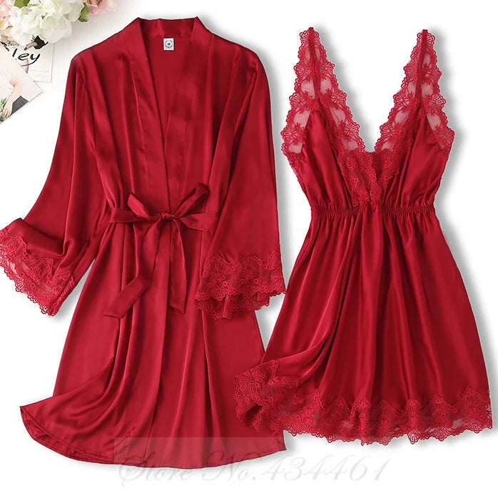 Burgundy 2PCS Robe Set Nightgown Sexy Lace Kimono Bathrobe Gown Nightdress Sleepwear Summer Satin Loose Home Wear Loungewear