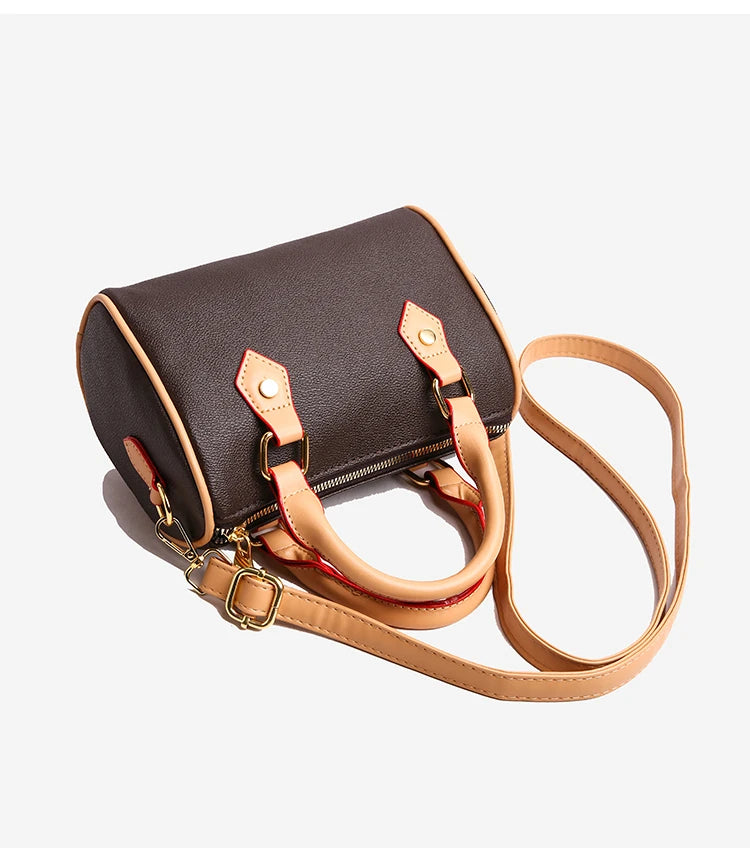 Vintage Brown PU Leather Boston Bag Women's Lightweight Small Crossbody Bag Luxury Designer Handbag Shoulder Bags for Phone