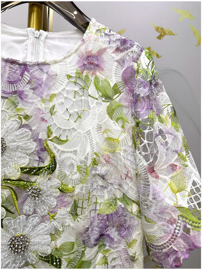 Womens Summer Hollow Embroidery Dress Short Sleeve Beaded Applique Lace Midi Dress Casual Elegant Chic Summer Party Wear