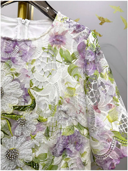 Womens Summer Hollow Embroidery Dress Short Sleeve Beaded Applique Lace Midi Dress Casual Elegant Chic Summer Party Wear