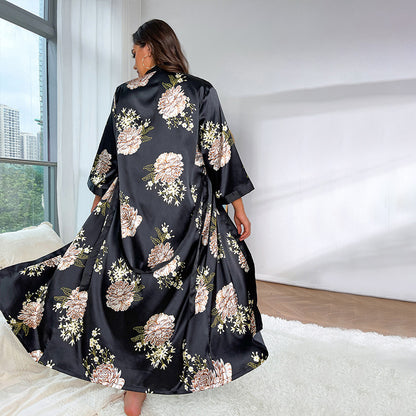 Fat Plus Size Pajamas for Women's Fashion, Casual, Loose Printed Pajamas for Women's Long Imitation Silk Sexy Pajamas