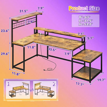 Rustic Brown L-Shaped Gaming Desk with LED & Power Outlets, Reversible Corner Desk with Storage and Hooks,Home Office Customized