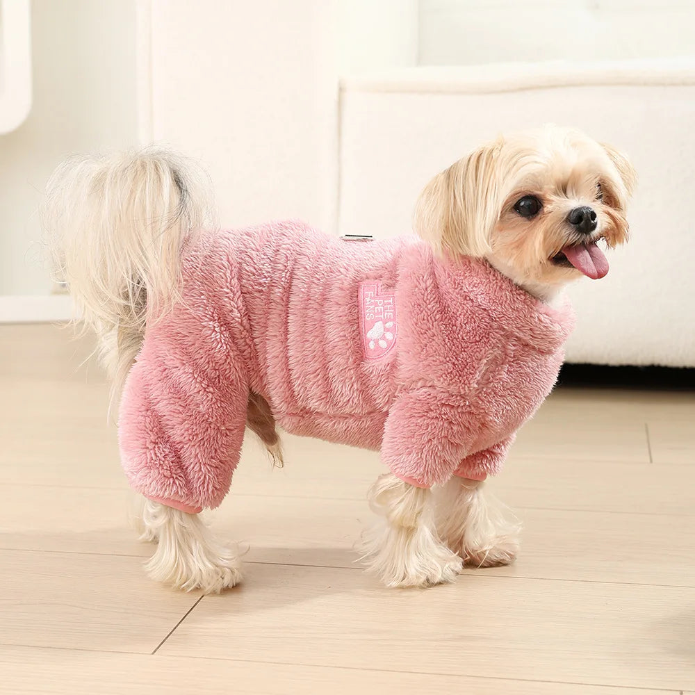 Soft Fleece Dog Clothes Winter Four Legs Covered Plush Pet Coat D-Ring Zipper Puppy Jacket Autumn Overall For Small Middle Dog