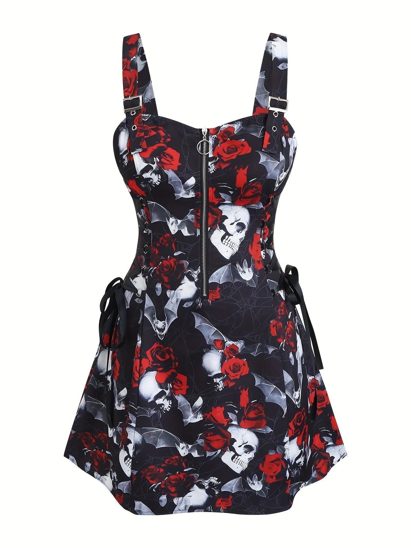 European and American trend oversized ladies slimming shoulder strap zipper full print skull pattern dress