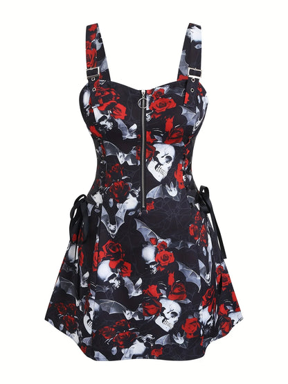 European and American trend oversized ladies slimming shoulder strap zipper full print skull pattern dress