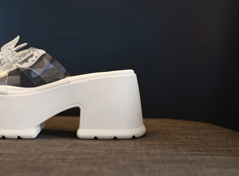 AUTUSPIN 9cm High Thick Heels Women Sandals Summer Sexy Fashion Slides Shoes Crystal Buttetfly PVC Transperant Ladies Shoes