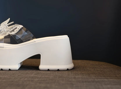 AUTUSPIN 9cm High Thick Heels Women Sandals Summer Sexy Fashion Slides Shoes Crystal Buttetfly PVC Transperant Ladies Shoes