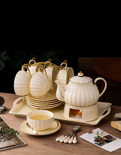 British Handle Ceramic Glass Teapot With Candle Heating Base Set European Porcelain Coffee Pot Afternoon Tea Home Decoration