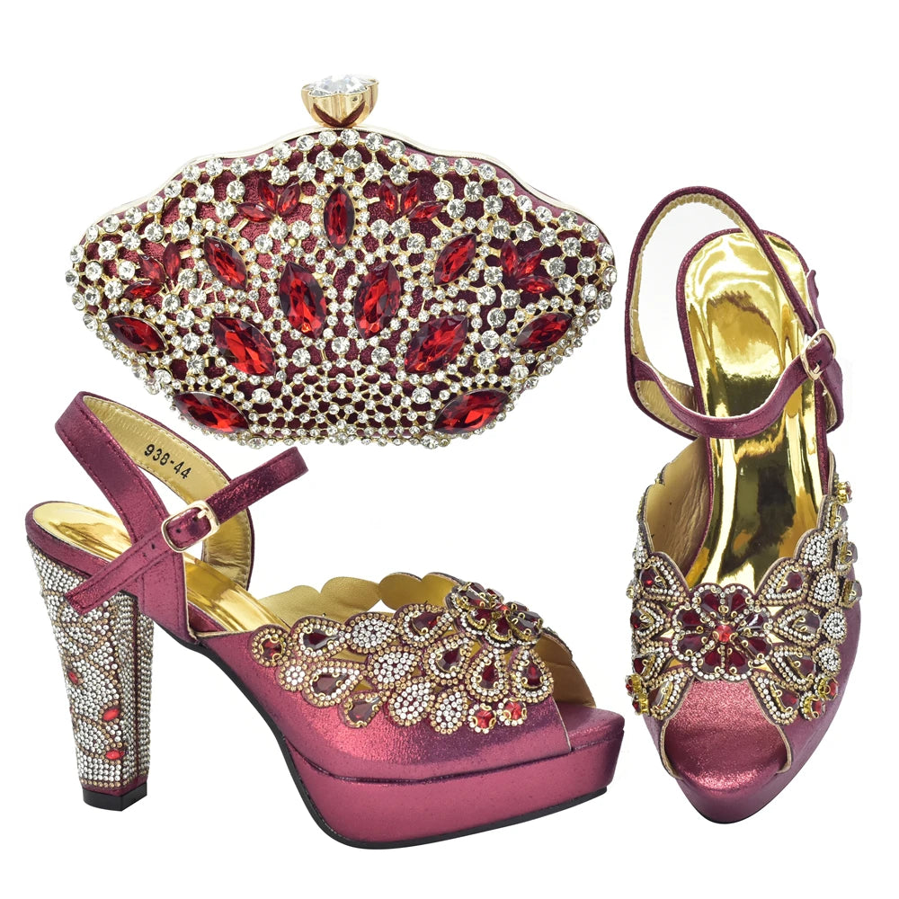 Fashion Italian Shoe and Bag Set for Party In Women Afrcan Party Shoes with Bag Set with Rhinetsone Luxury Shoes Women Designers