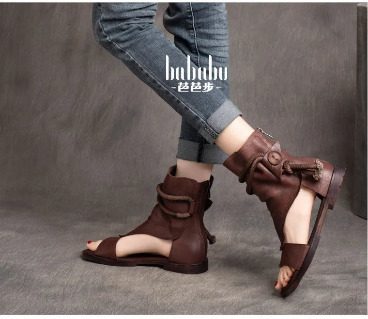 Birkuir High Top Open Toe Sandals For Women Summer Boots Luxury Hollow Out Beach Sandals Genuine Leather Flats Shoes Ladies