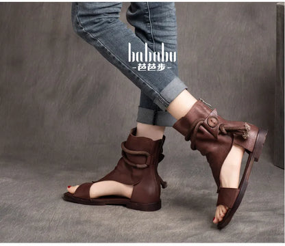 Birkuir High Top Open Toe Sandals For Women Summer Boots Luxury Hollow Out Beach Sandals Genuine Leather Flats Shoes Ladies
