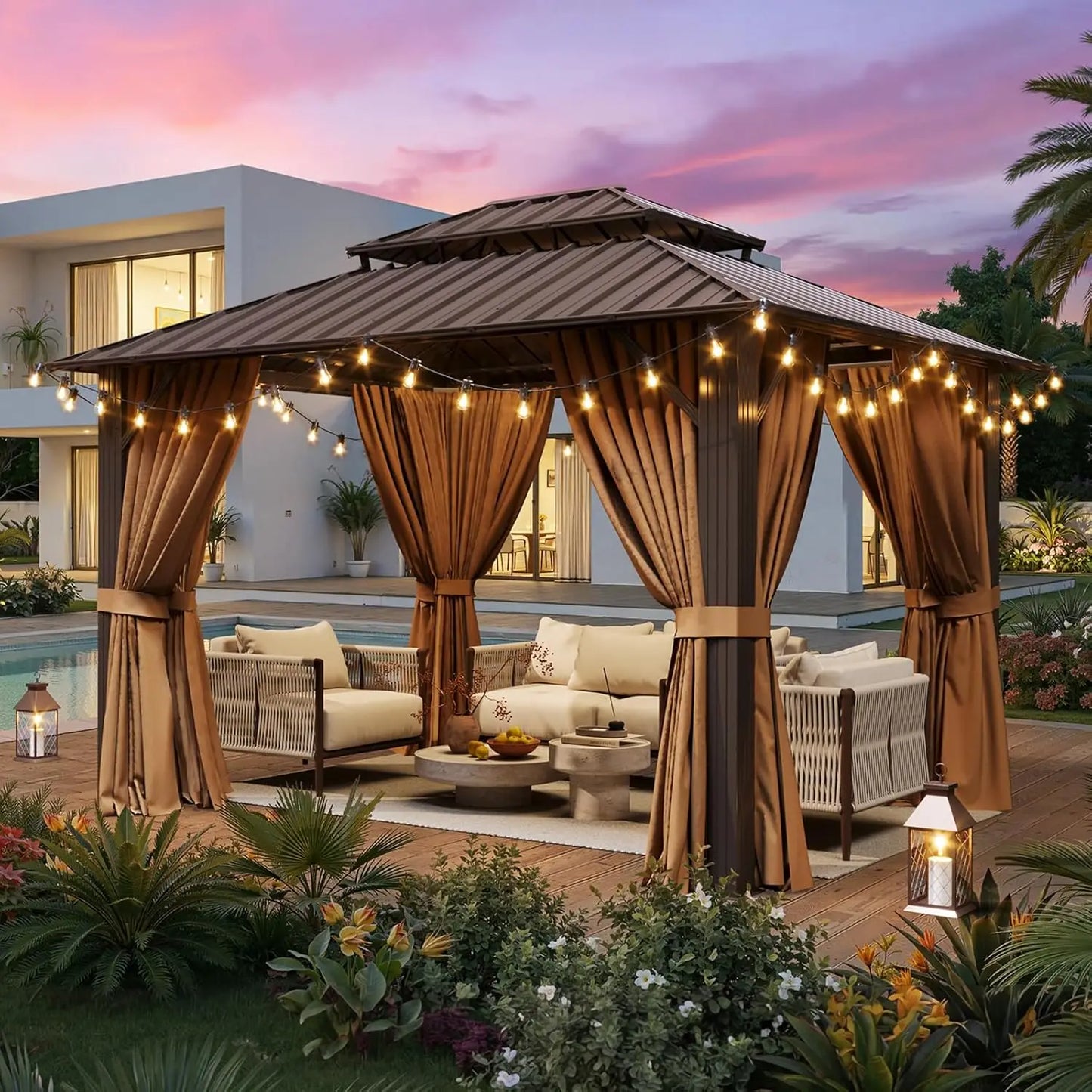 Premium Hard Roof Gazebo Heavy Duty Metal Frame Waterproof Sunshade Permanent Outdoor Pergola With Curtains And Netting