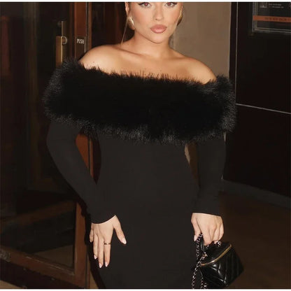 Faux Fur Patchwork Strapless Dress Women Sexy Off-shoulder Full Sleeve Cinched-waist Slim Long Gown Lady Christmas Party Dresses