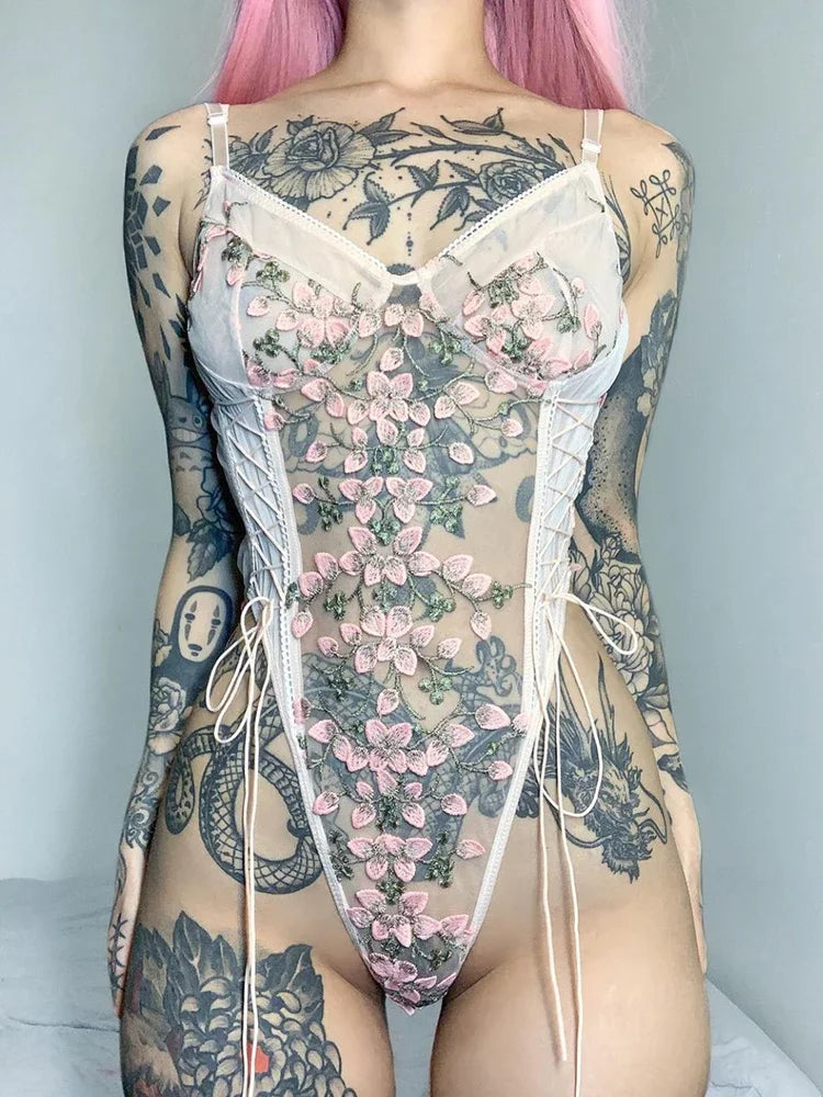 Retro 2024 New Gothic Sexy Mesh Romper Women Punk Aesthetic Fairycore Grunge Emo Floral Embroidery See Through Lingerie Jumpsuit