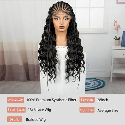 28inch 13x6 Transparent Lace Front Natural Deep Wave Hair Wigs with Cornrow Braids Synthetic Curly Brazilian Hair Wig for Women