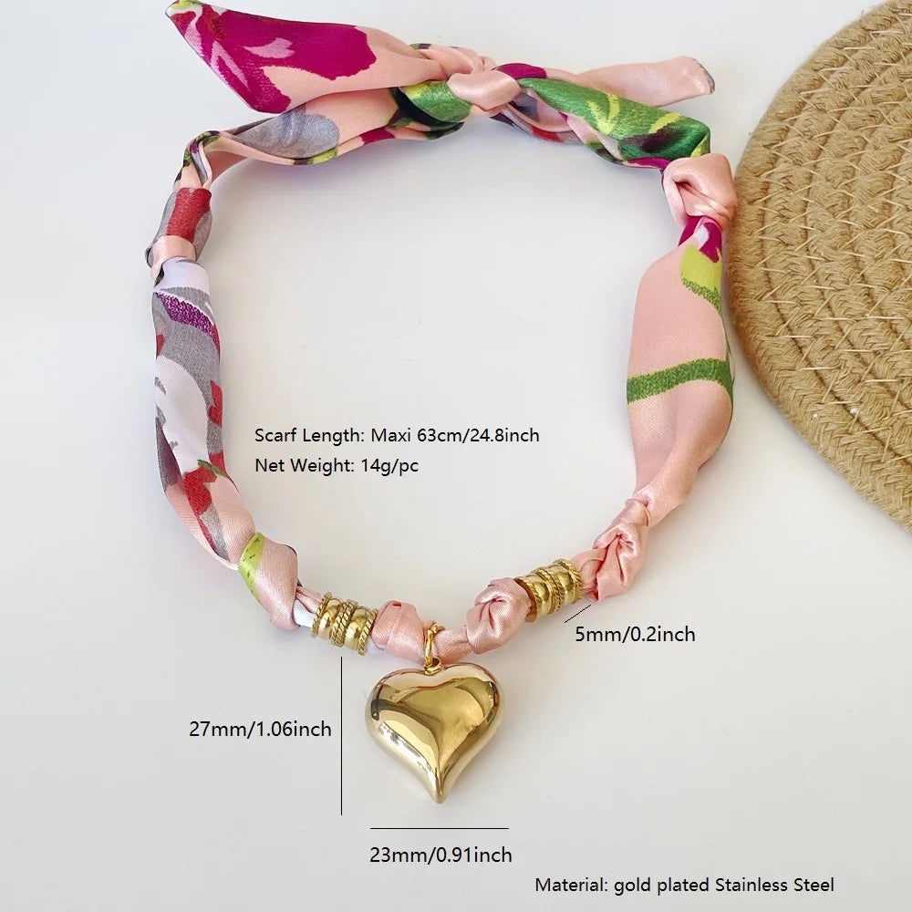 Women’s Fashion Scarf Necklace with Large Stainless Steel Heart Pendant Stackable Bandana Jewelry