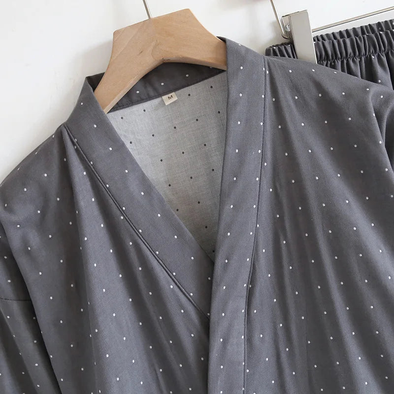 Kimono Robes Pajamas Set for Spring Autumn and Summer Thin Men's Cotton Loose Fit Large Size Half Sleeve Sleepwear Set