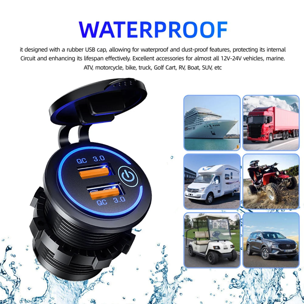 60W 2-port USB Fast Charging Socket Power Outlet Car Modified Charger QC3.0 With Touch Switch for Auto Motorcycle Accessories