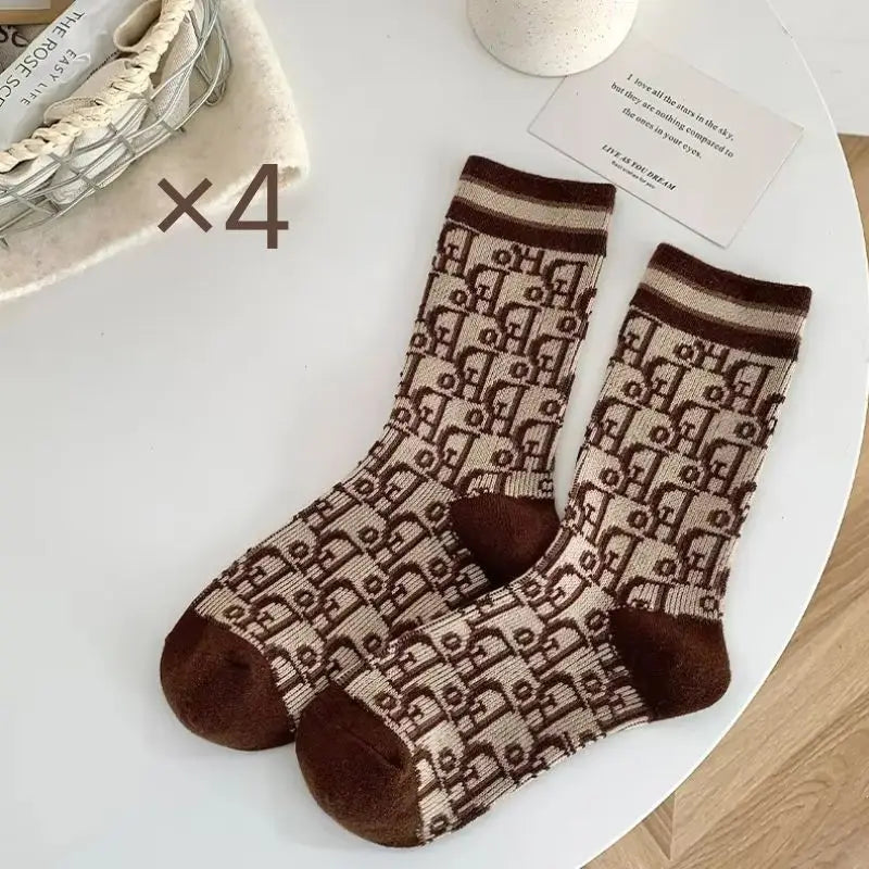 Kuwa 1/2Pairs Trendy Winter Wool Socks Ladies Monogram Pattern Solid Color Thickened Middle Tube Socks Breathable Wholesale