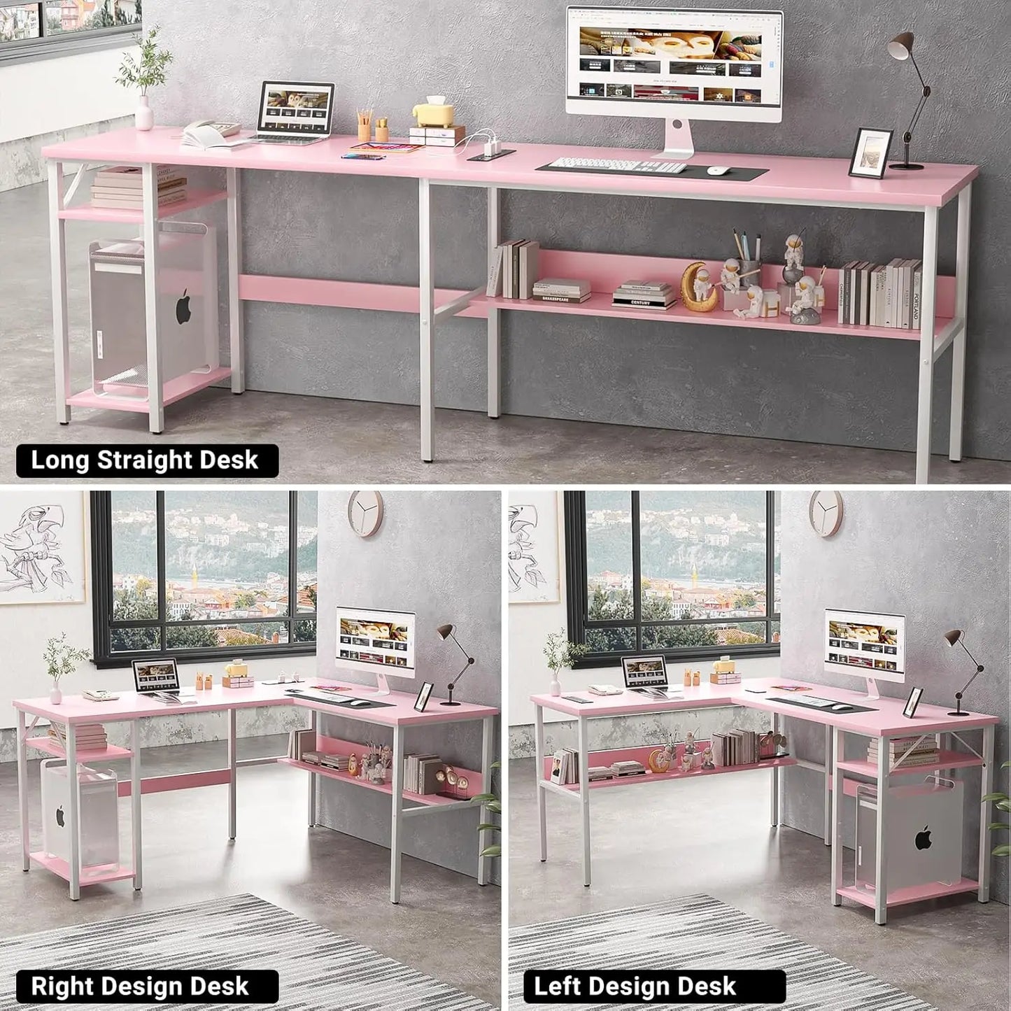 Reversible L-Shaped Desk with Power Outlets & USB Ports, Sturdy Corner Computer Desk with Storage Shelves, Easy Assembly Pink