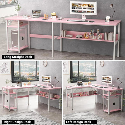 Reversible L-Shaped Desk with Power Outlets & USB Ports, Sturdy Corner Computer Desk with Storage Shelves, Easy Assembly Pink