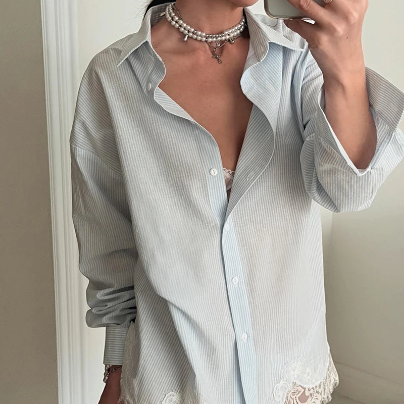 Striped Mini Dress Women Lapel Single Breasted Long Sleeves Lace Patchwork Waistband Robe Female 2026 Summer Beach Vacation Sets