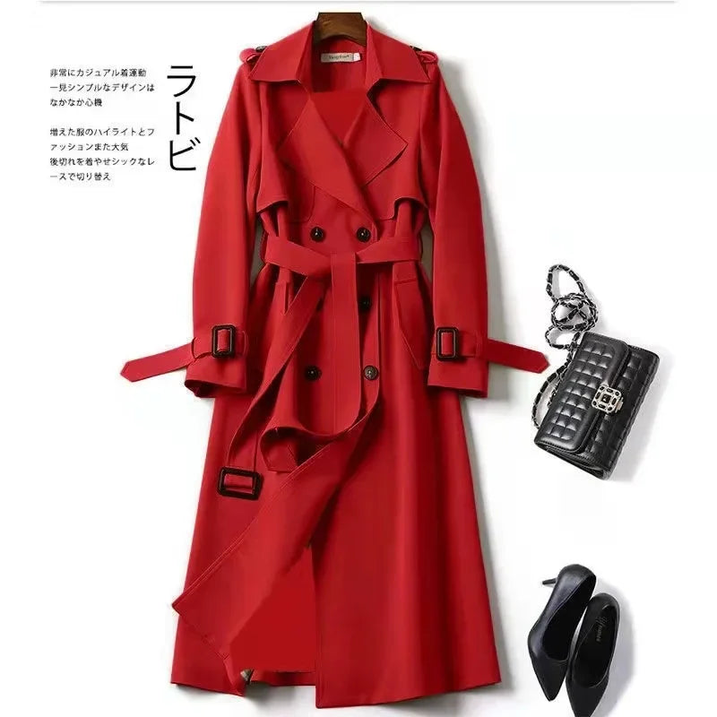 Long Trench Coat Women Lace Up Button Coats Full Sleeve Turn Down Collar Splice Jackets Solid Pockets Office Lady Streetwear