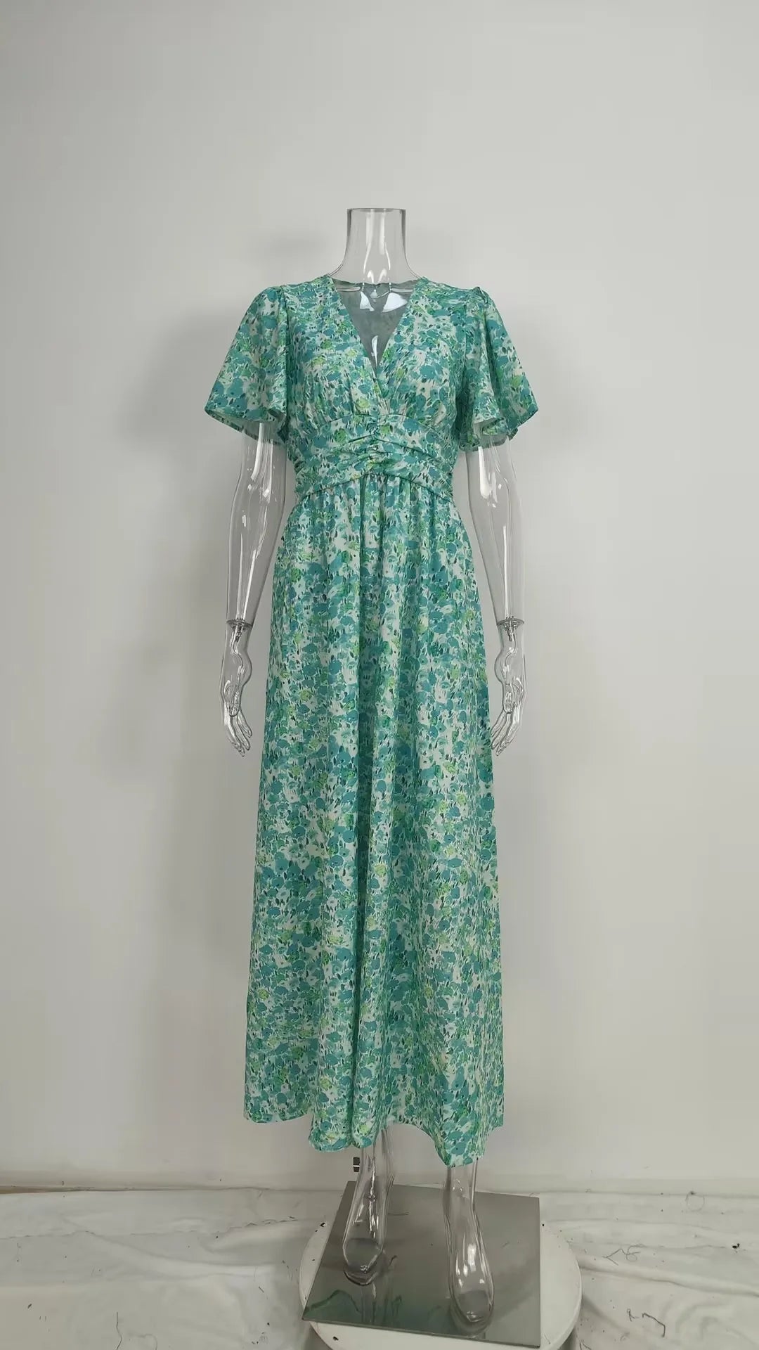 Summer Women Floral Print Casual Long Dress Fashion V Neck Short Sleeve Elegant Office Female Beach Party Maxi Dresses Robe