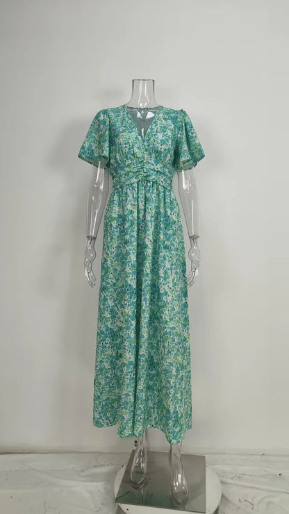 Summer Women Floral Print Casual Long Dress Fashion V Neck Short Sleeve Elegant Office Female Beach Party Maxi Dresses Robe