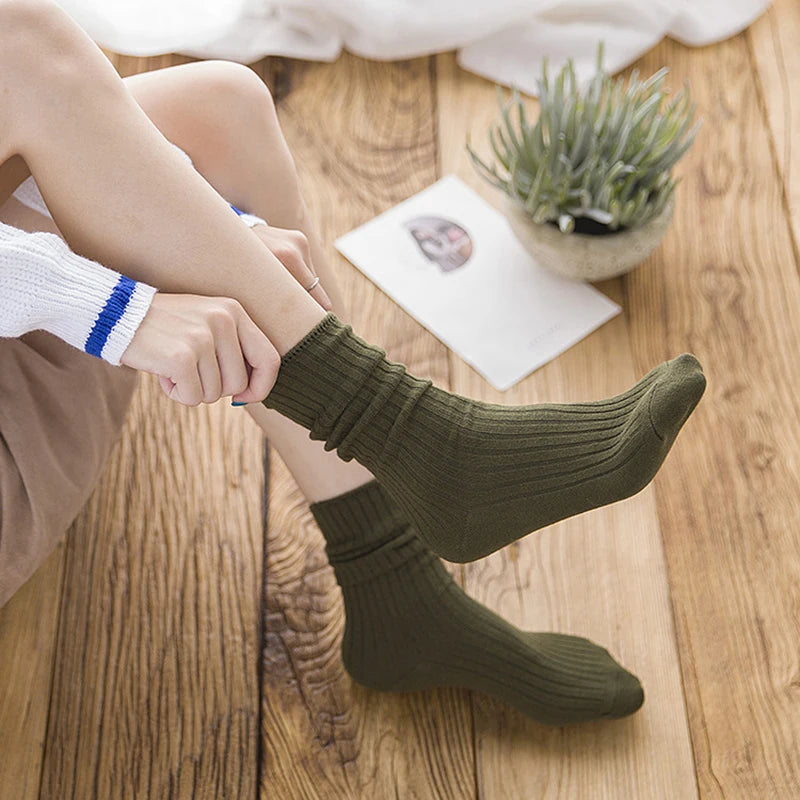 1 Pair Retro Women Cotton Loose Socks Autumn Winter Knitting Solid Color Long Black Korean Japanese Student Girls Stockings