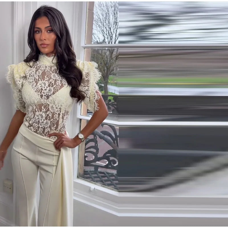 Elegant Ruffles Lace Top Ribbon Flare Pants Sets Women Short Sleeve See through Top High Waist Pant 2026 Summer Evening Outfit