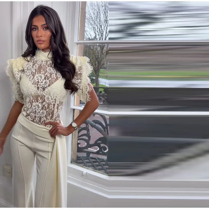 Elegant Ruffles Lace Top Ribbon Flare Pants Sets Women Short Sleeve See through Top High Waist Pant 2026 Summer Evening Outfit