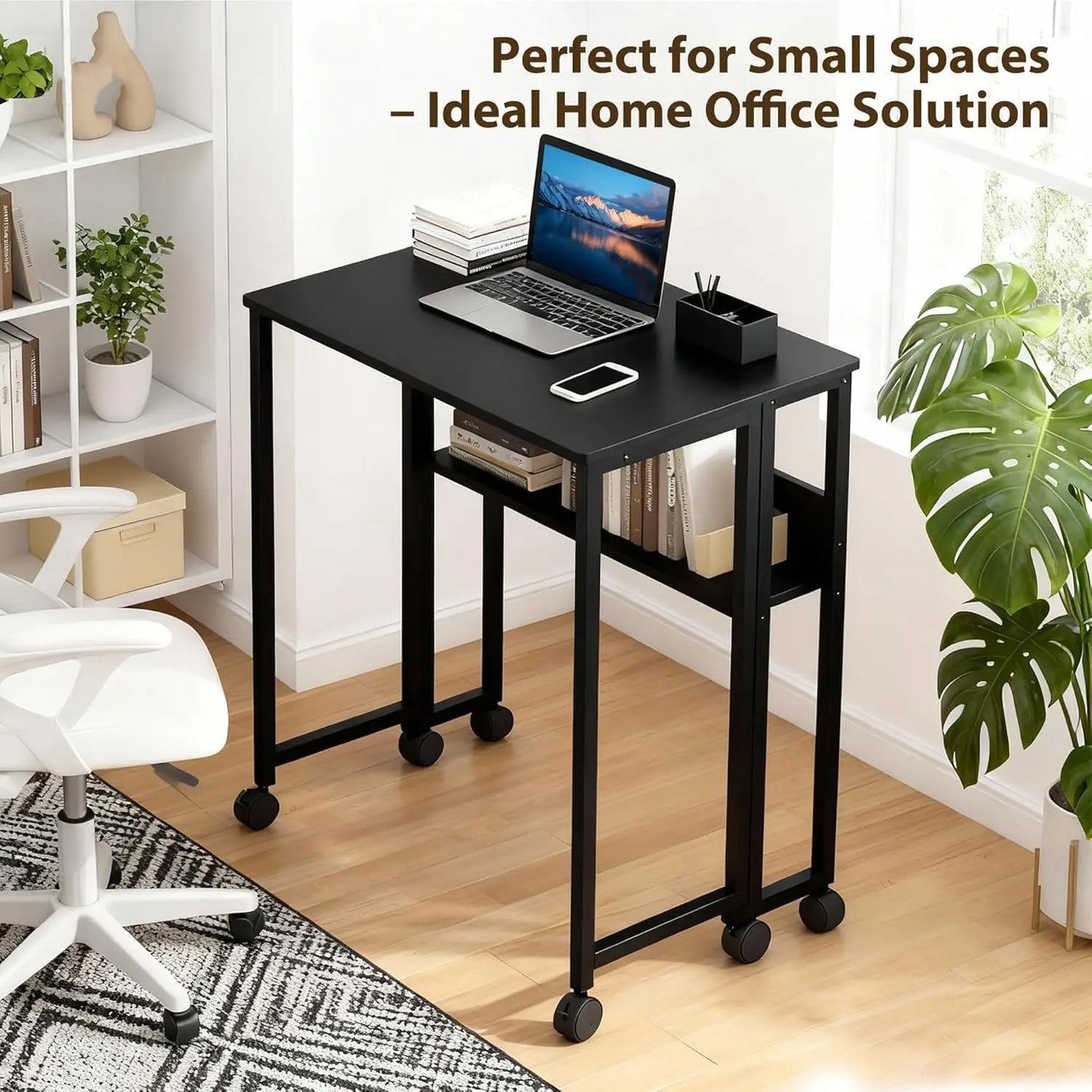 Black Folding Rolling Desk Space Saving with Laptop Table Storage Shelf Sturdy Frame Mobile Workstation Sofa Table with Wheels