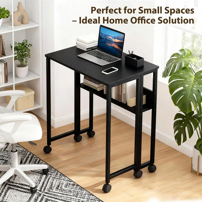 Black Folding Rolling Desk Space Saving with Laptop Table Storage Shelf Sturdy Frame Mobile Workstation Sofa Table with Wheels