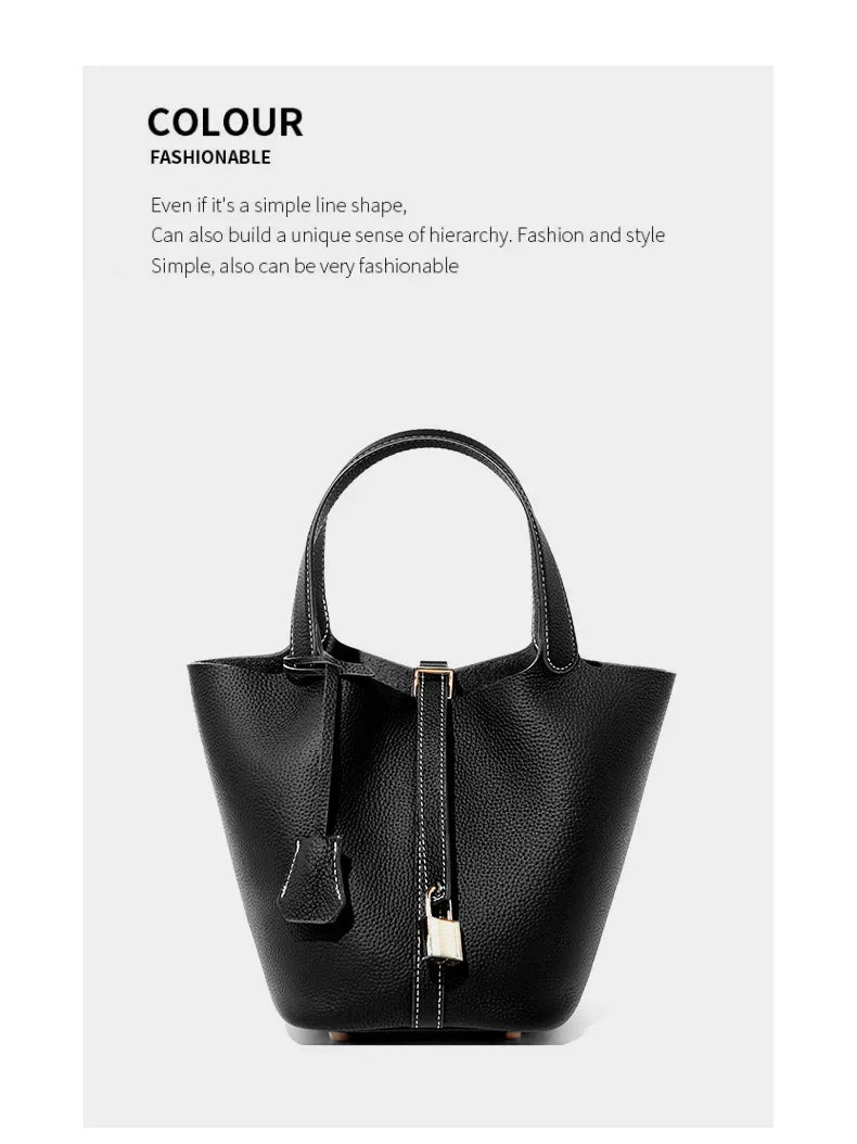 Genuine Leather Shoulder Bucket Bag Women Litchi Pattern Mini Basket Tote Soft Handbag Mommy Bride Wedding Bags with Lock
