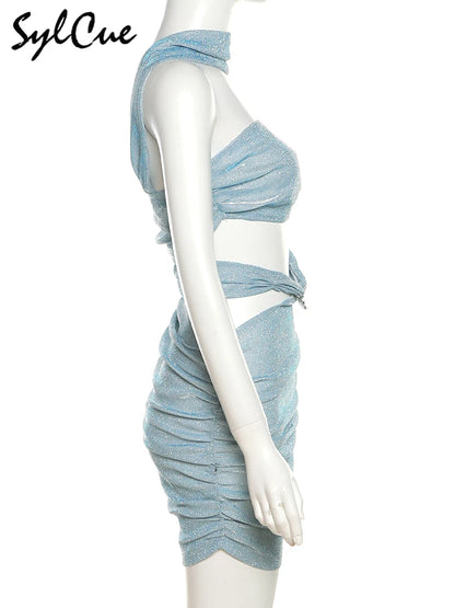 Sylcue Solid Color Flash Hollow Summer Bachelor Party Sexy Mature Beautiful Confident Tight Hot Cool Women's Halter Dress