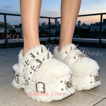 Rivets Slipper Furry Sandals Platform Round Toe Thick Bottom Spicy Girl Shoes Punk Rock Novelty Fashion Luxury Elegant Concise
