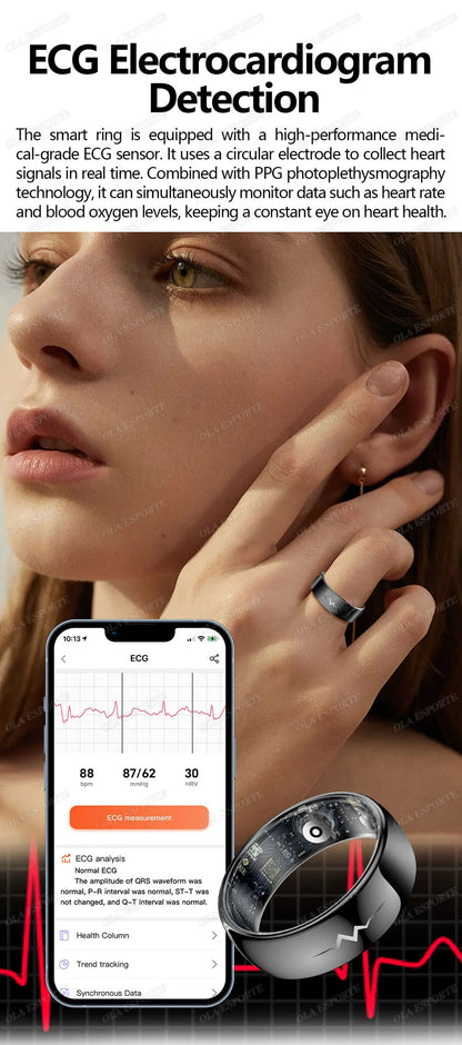 New ECG Smart Ring Men Women Bluetooth Blood Heart Rate Blood Oxygen Health Monitoring Multi Sports 5ATM Waterproof smartring