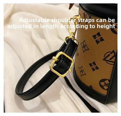 Stylish Printed Bucket Bag with Scarf Detachable Strap Shoulder Crossbody Bag for Women