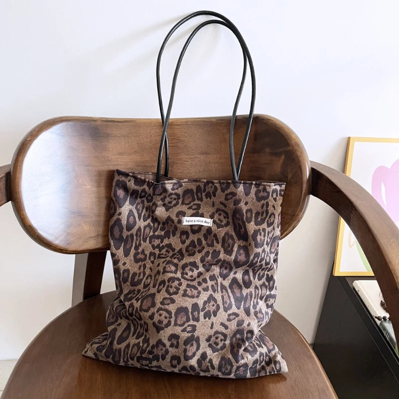 Vintage Faux Suede Women's Leopard Shoulder Bags PU Strap Double Side Female Purse Handbags Fall Winte Canvas Tote Underarm Bag
