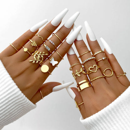 58PCS Vintage Heart Snake Butterfly Rings Set for Women Fashion Metal Gold Plated Geometric Hollow Finger Ring Jewelry Gifts New