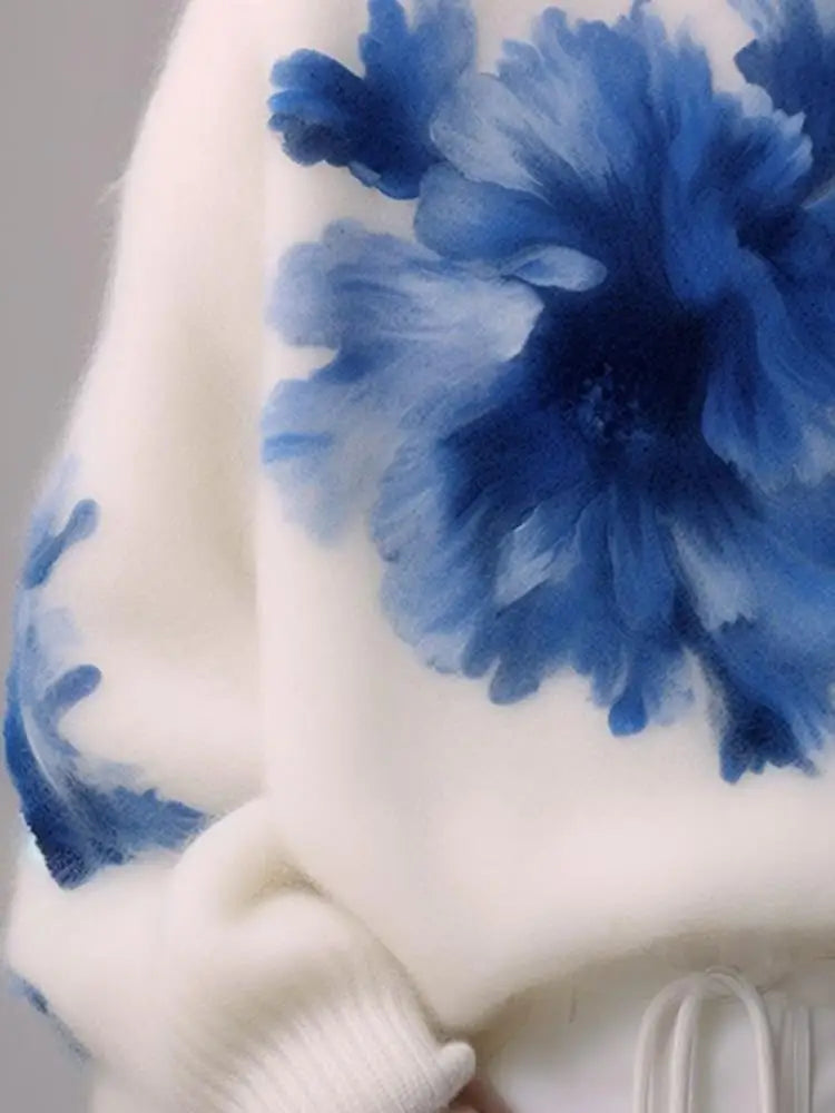 Oule Winter Blue Floral Print High Collar Women's Knitted Sweater Comfortable Loose Sle Long Sve Casual Commute Faion