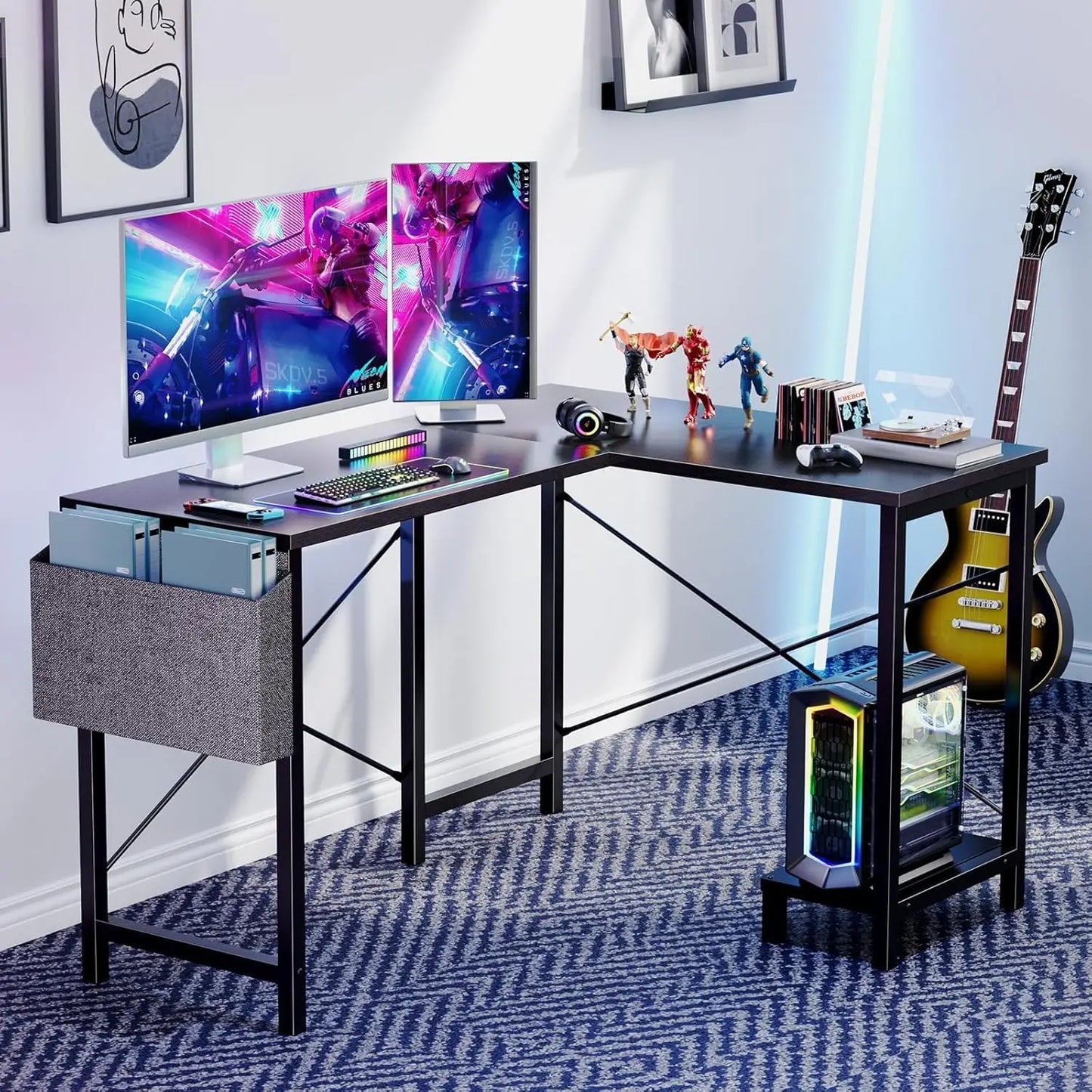 L-Shaped Gaming Desk with CPU Stand and Side Bag, Black, 50-Inch for Home Office or Dorm