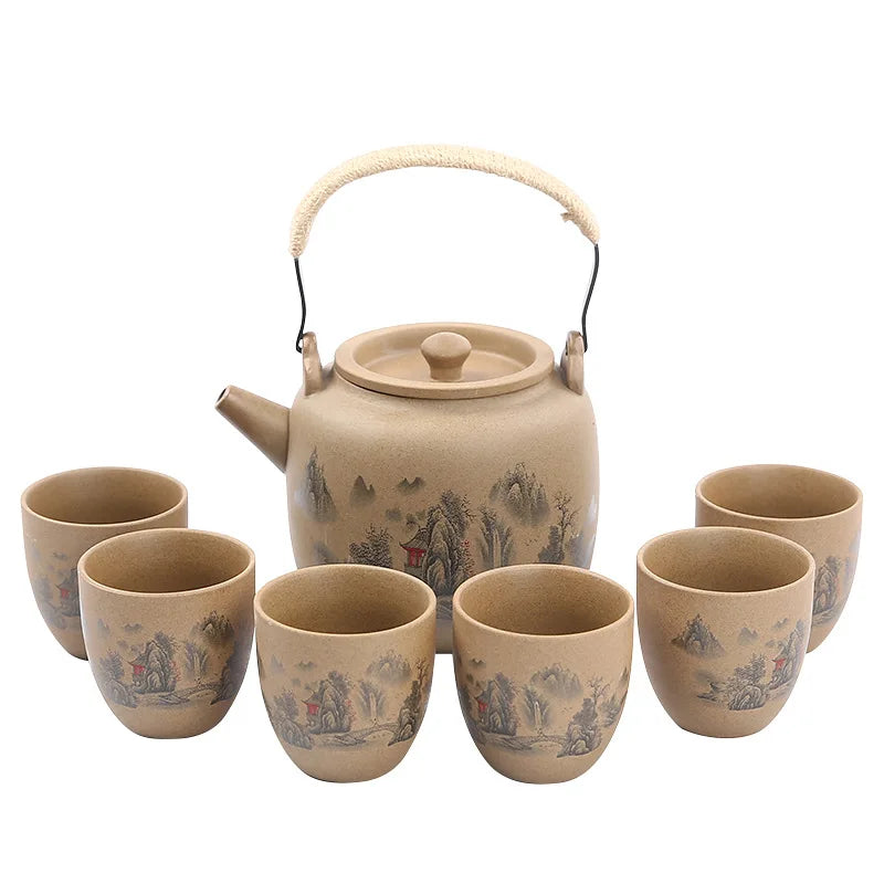Retro Japanese coarse pottery beam pot business gift ceramic kung fu tea set large teacup