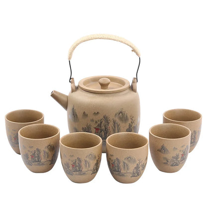 Retro Japanese coarse pottery beam pot business gift ceramic kung fu tea set large teacup